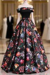 Black Floral Satin Off Shoulder Strapless Long Formal Semi Formal Prom Dress, Evening Dress